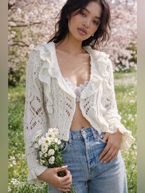 Free People White Avery open knit cropped cardigan